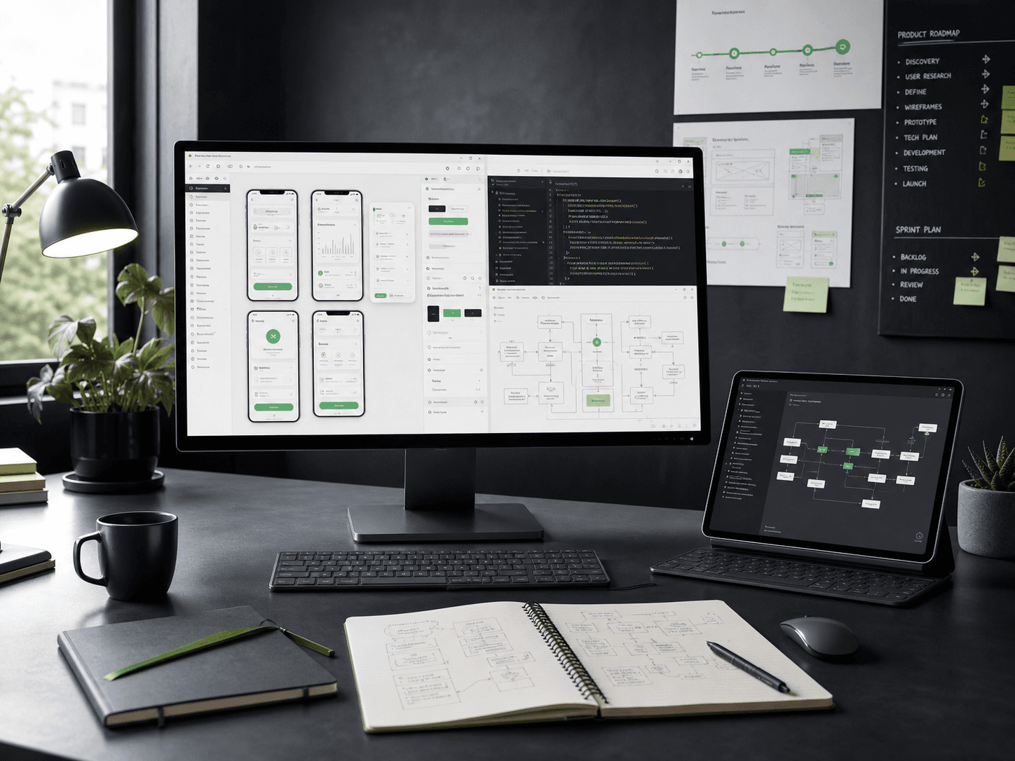 Digital engineering workspace showing application interfaces, code, product roadmaps, and technical architecture